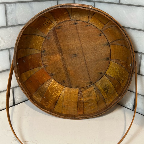 Antique Primitive Wood Staved Slat Handled Gathering, Fruit, Egg, Veggie Basket